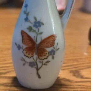 Vintage Mini porcelain Blue Flower Pink Butterfly pitcher vase Marked Japan
